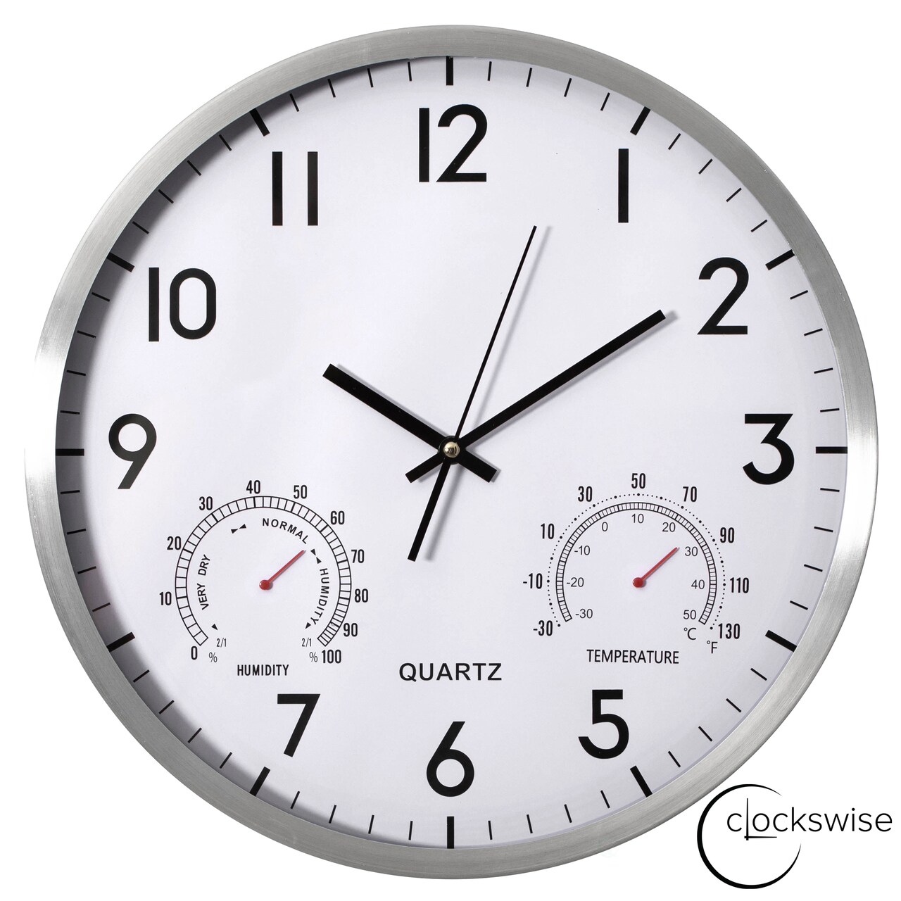 Clockswise Non-Ticking Quartz Wall Clock with Thermometer & Hygrometer - Battery Operated Aluminum Analog Clock for Temperature & Humidity Monitoring - Ideal for Home, Office or School, Silver